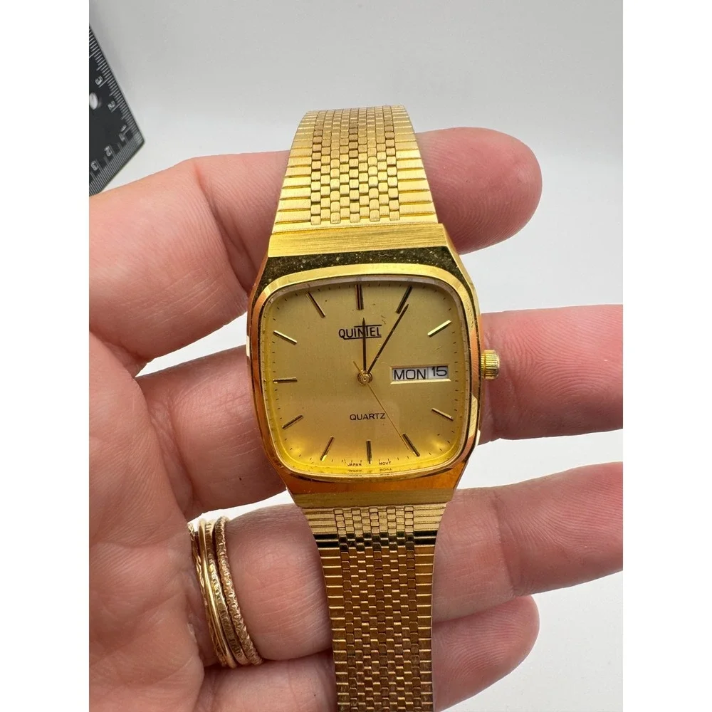 Vintage Quintel Watch Mens TV Case Mesh Band Day Date Quartz Retro WORKING